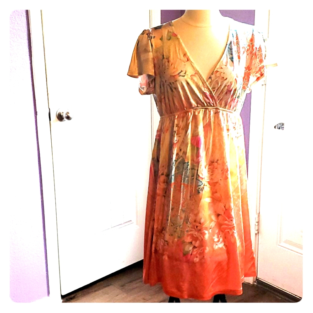 Kiera Orange Floral V Neck Summer Dress (L)